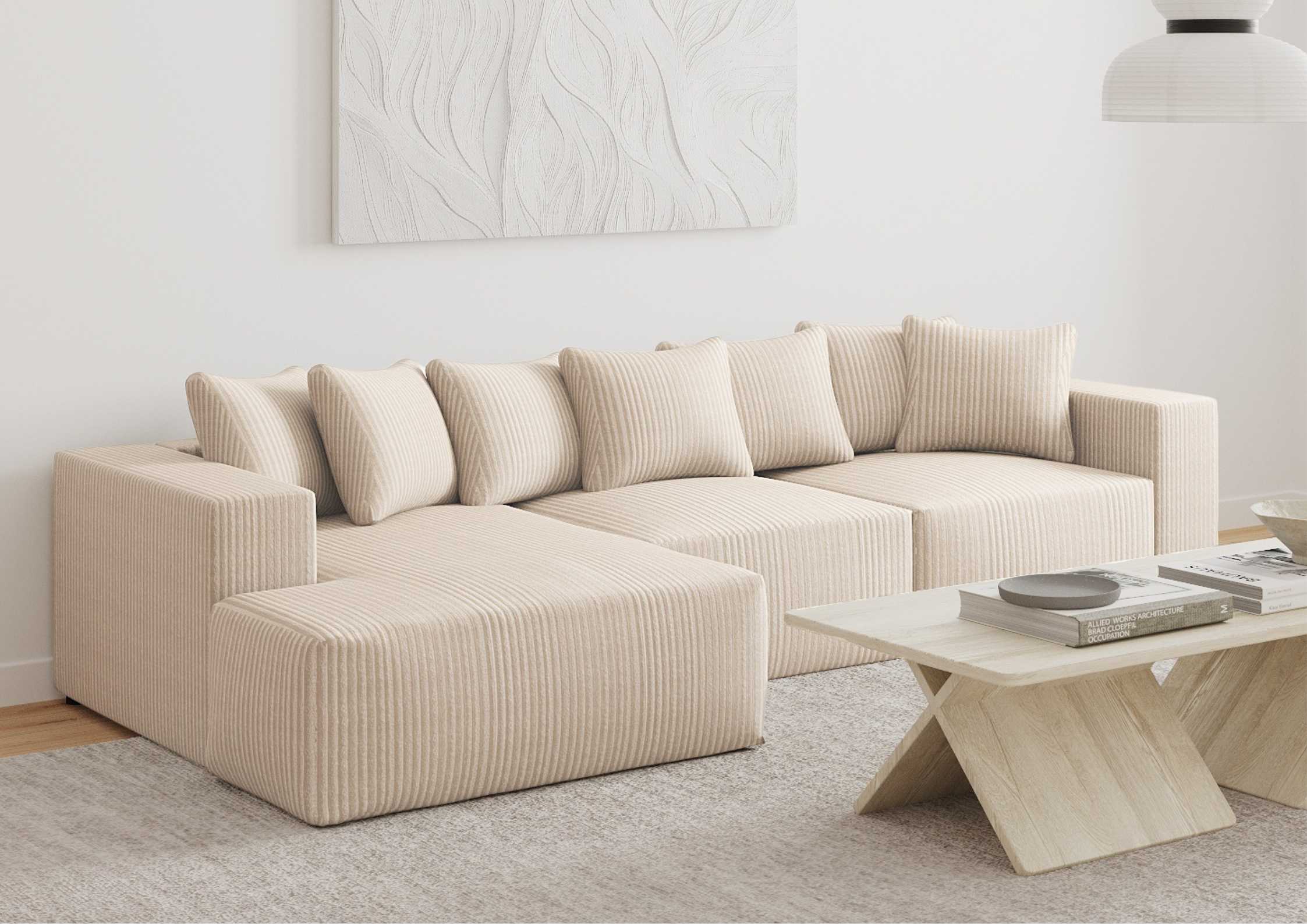 Lewy narożnik w sztruksie z funkcją spania Duży narożnik w stylu loft Kolor beżowy